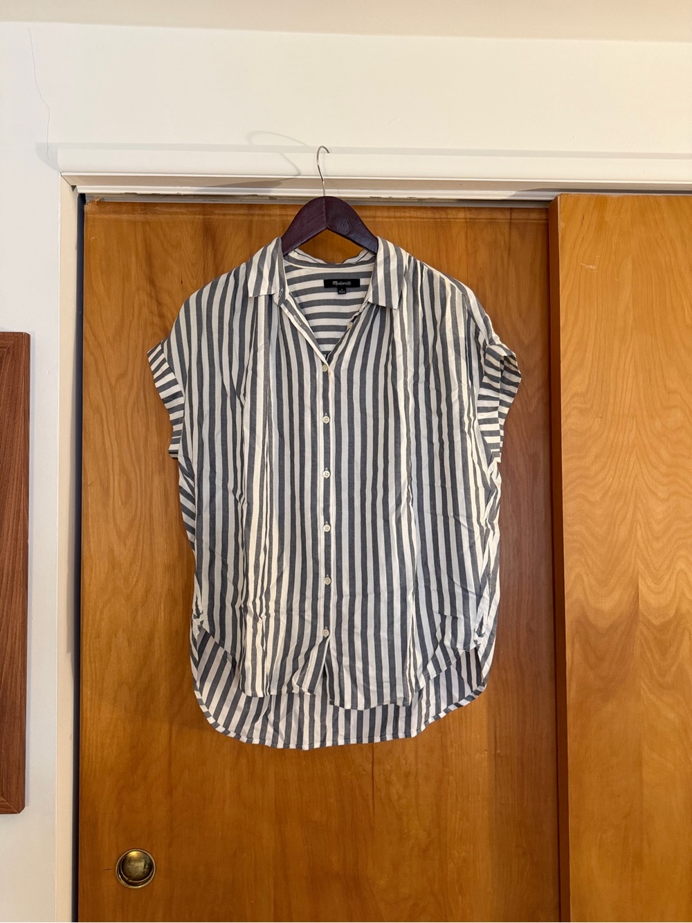 Madewell Vertical Stripe Button-Down Short Sleeve Top - White & Black